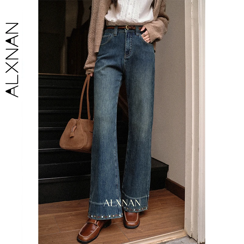 

ALXNAN Embroidered Jeans Women Vintage Blue Straight Narrow Wide-leg Cotton Denim Pants Autumn High-waist Baggy Pants L569177