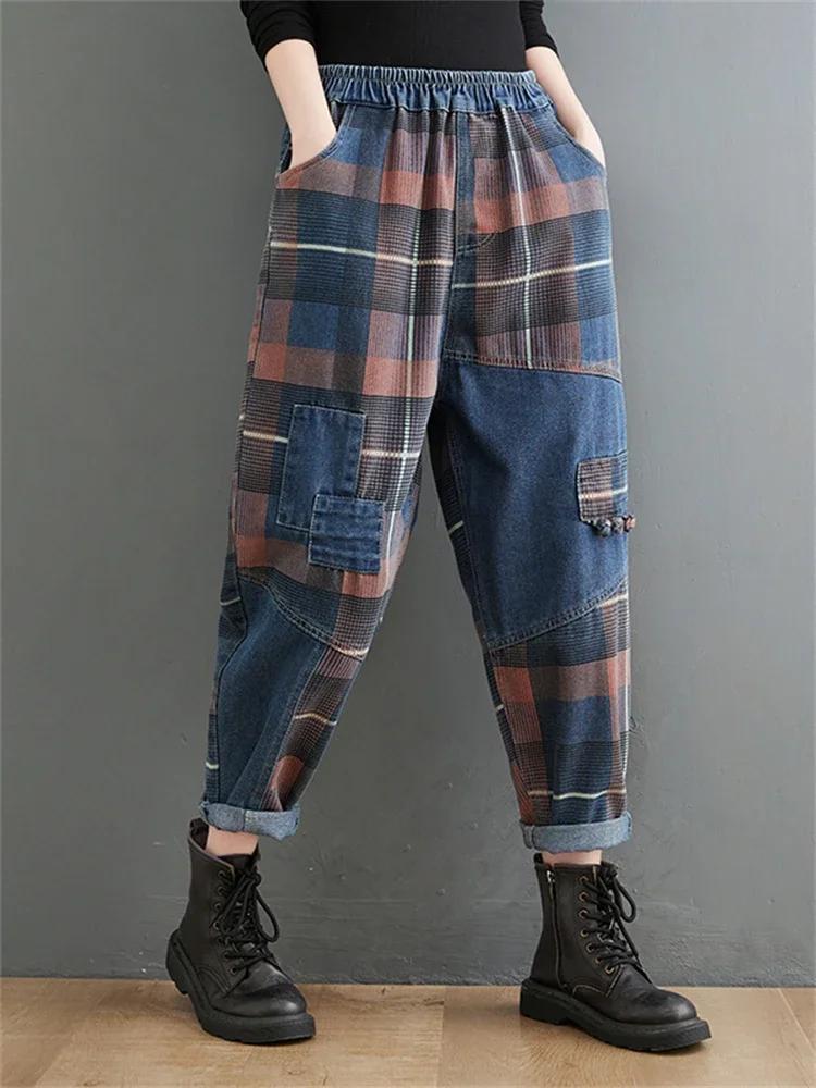 Spring Summer Fashion Women\'s Vintage Patchwork Ankle Length Plaided Denim Pants Female Elastic Waist Loose Casual Jeans Trouser