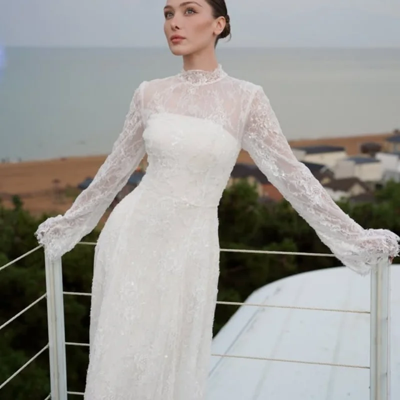 

Customized Shiny ivory Ball Gown Royal Wedding Dresses applique Long tail Long sleeves Made Robe De