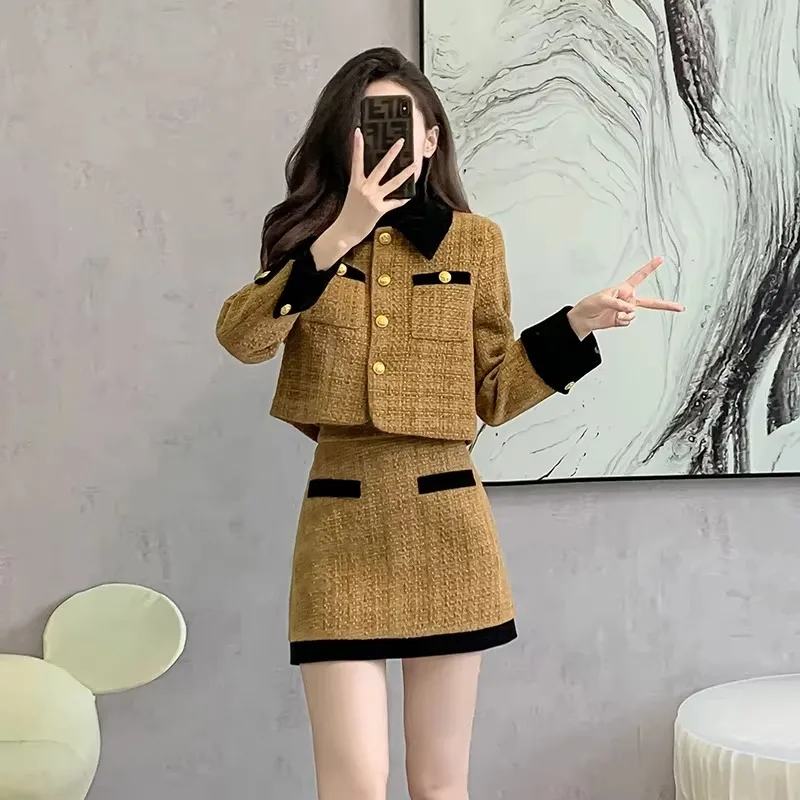 UNXX French Red Elegant Skirt Suits Women Female Office Lady Autumn/winter 2025 New Luxurious Tweed Short Skirt Two-piece Set