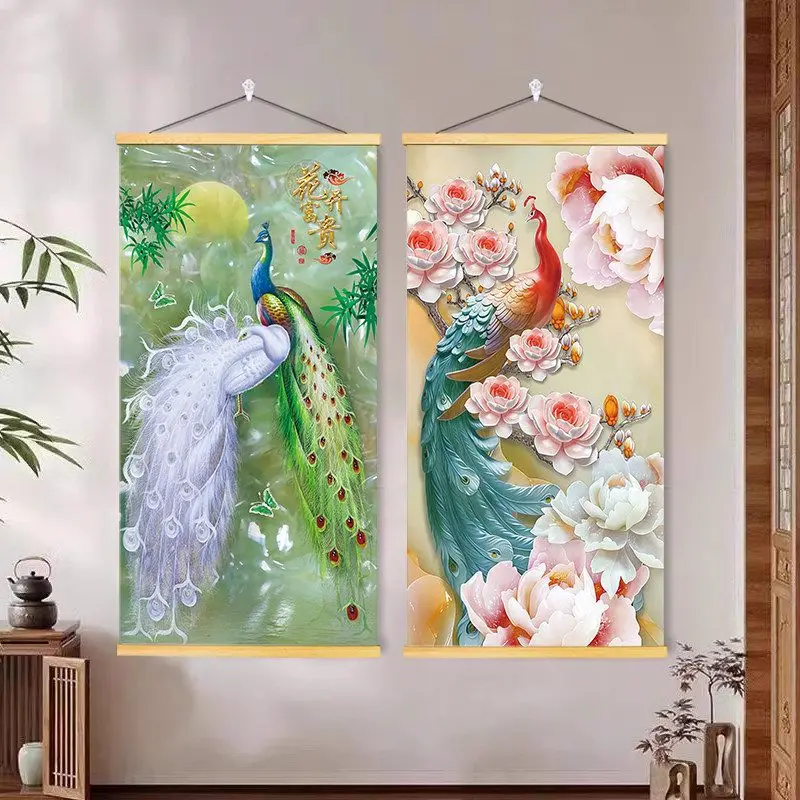 VIKAMA Peacock Chinese Painting Wall Scroll, Ink Bird and Flower Print, Retro Asian Hanging Scroll for Living Room Decor