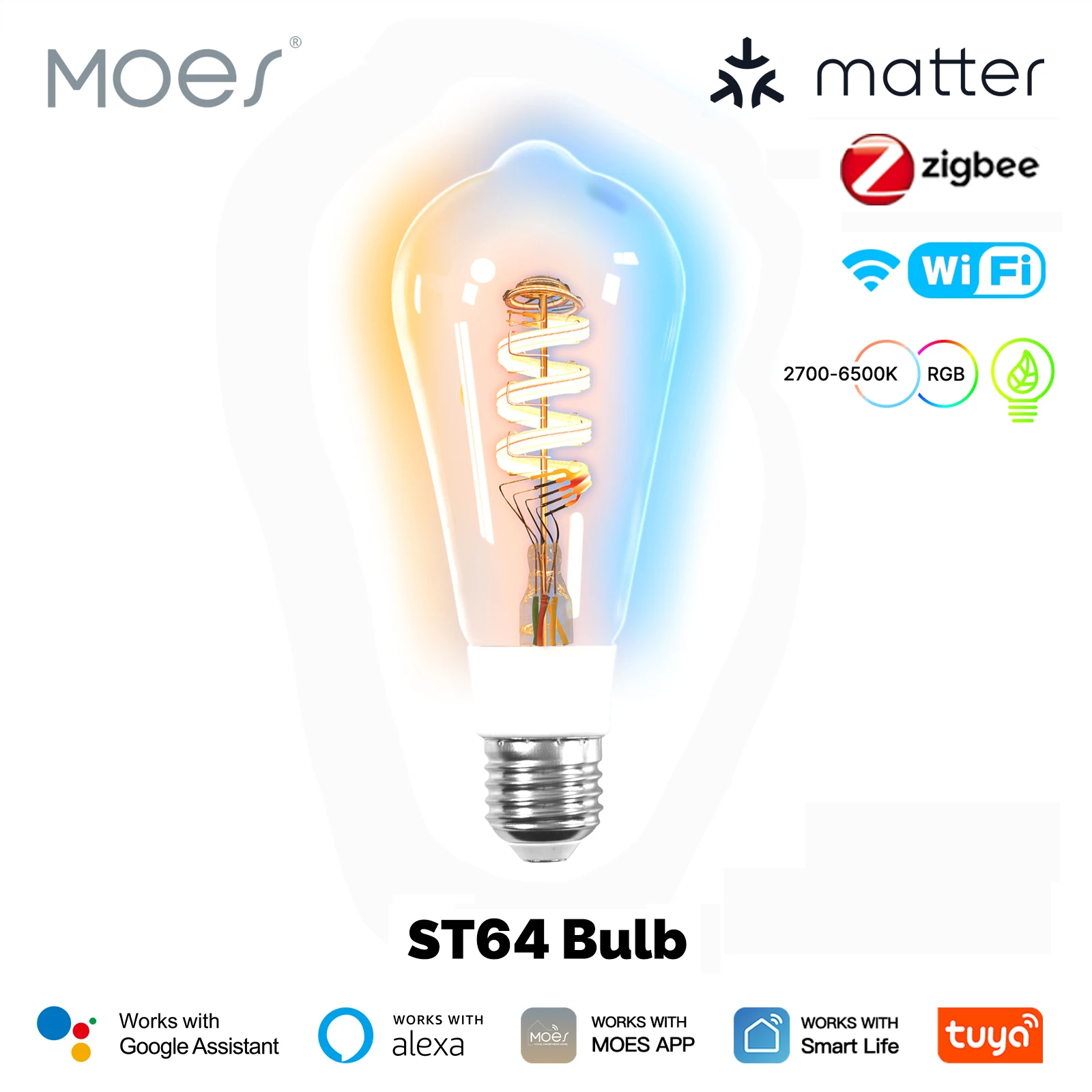 MOES Tuya لمبة LED ذكية واي فاي/زيجبي/ماتر خمر اديسون خيوط 16 مليون RGB ألوان عكس الضوء دعم أليكسا جوجل المنزل