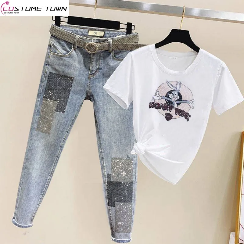 

2023 Summer New Set Hot Diamond High Waist Short Leggings Jeans for Women+Korean Printed T-shirt Two Piece Set Fashion