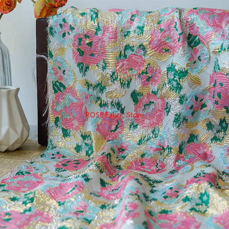 1 Meter Retro Golden Silk Large Flowers Yarn Dyed Fabric Women's Classic Jacquard Elegant Stiff Dress Making Fabric 50cmx150cm