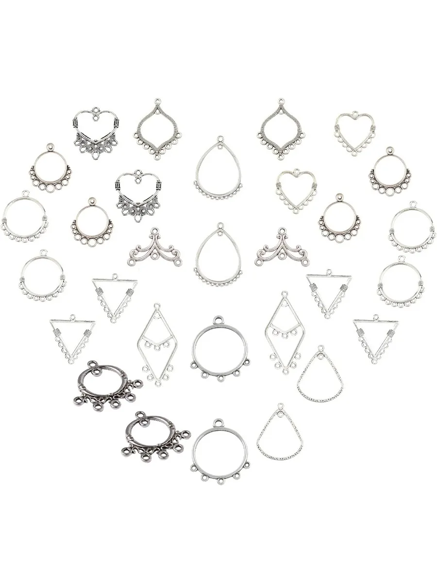 72pcs 12 Styles Chandelier Connector Charms Component Links Alloy Hollow Filigree Pendants Flat Round Teardrop Triangle Shape