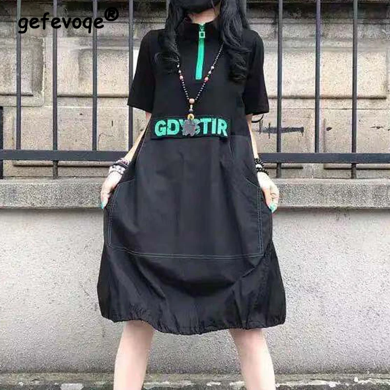 

Women Letter Print Contrast Color Harajuku Streetwear Y2K Midi Dress Summer Trend Stand Collar Zipper Short Sleeve Loose Dresses