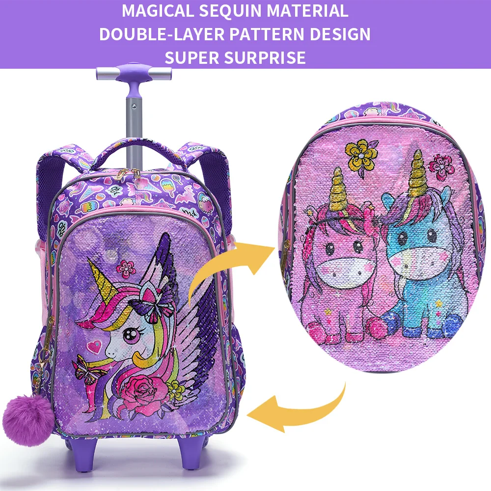 3PCS set Rolling Backpack For Girls Wheeled School BookBag With Lunch And Pen Bag Purple Unicorn Cute sequin Glow-in-the-dark