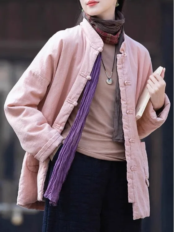 سترة نسائية من القطن الصيني مع زر دافئ للشاي الفني القديم ملابس خارجية معطف طويل Sve