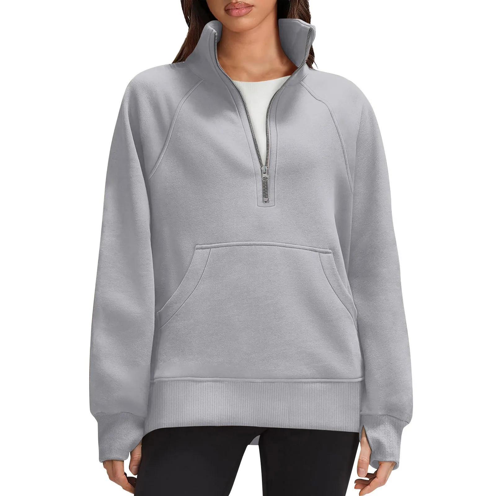 Stand Collar Casual Sweatshirts Half Zip Women Cropped Pullover Thumb Hole Overzised Hoodie Solid Color Plus Size Sports Outfit