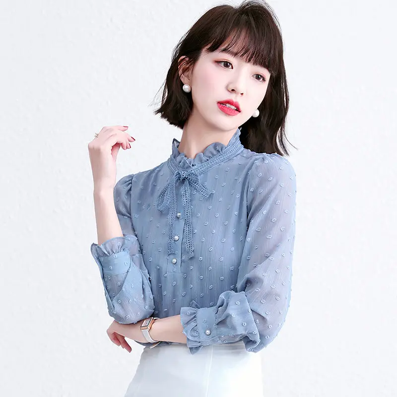 Blusa de gasa de manga larga con cuello vuelto para mujer, ropa de moda coreana con lazo, de lunares, Color sólido, 2022