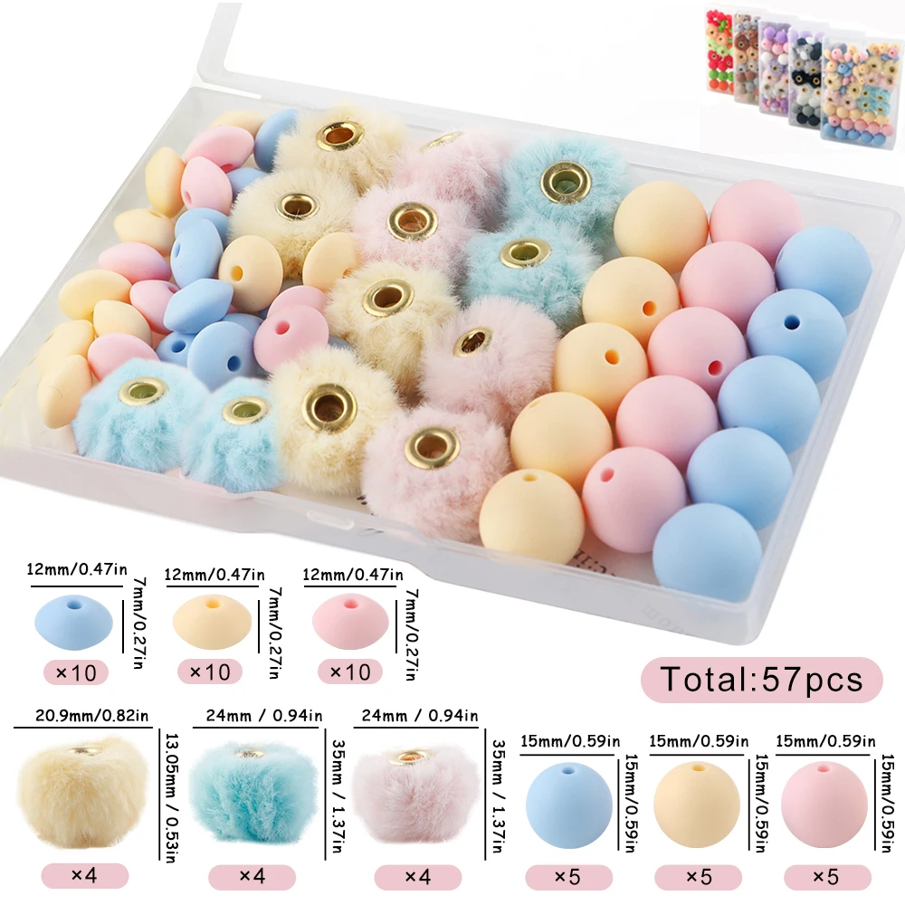 

57Pcs/Box Pompom Ball And Silicone Bead Set Plush Fur Covered Ball Beads For Jewelry Making DIY Handmade Jewelry Accessories