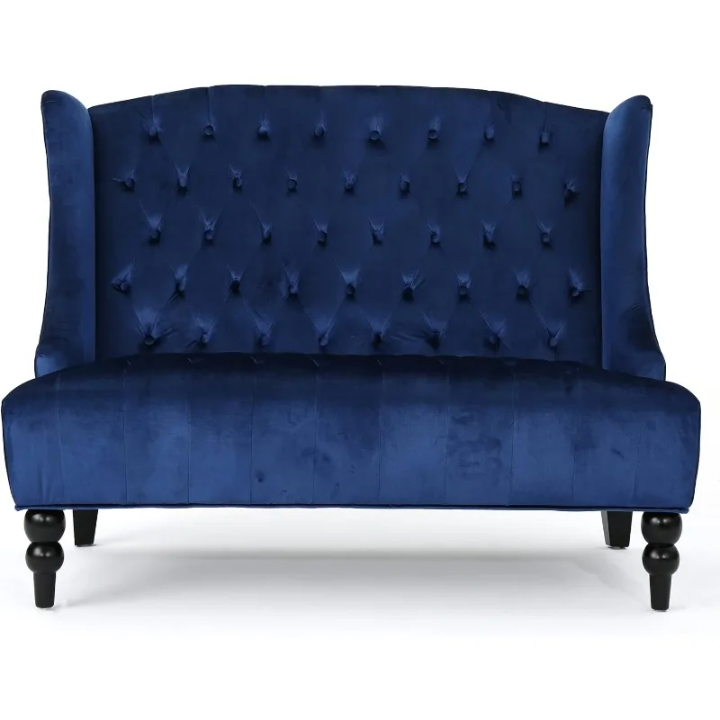 Traditional Tufted Velvet Wingback Loveseat, Navy Blue / Dark Brown