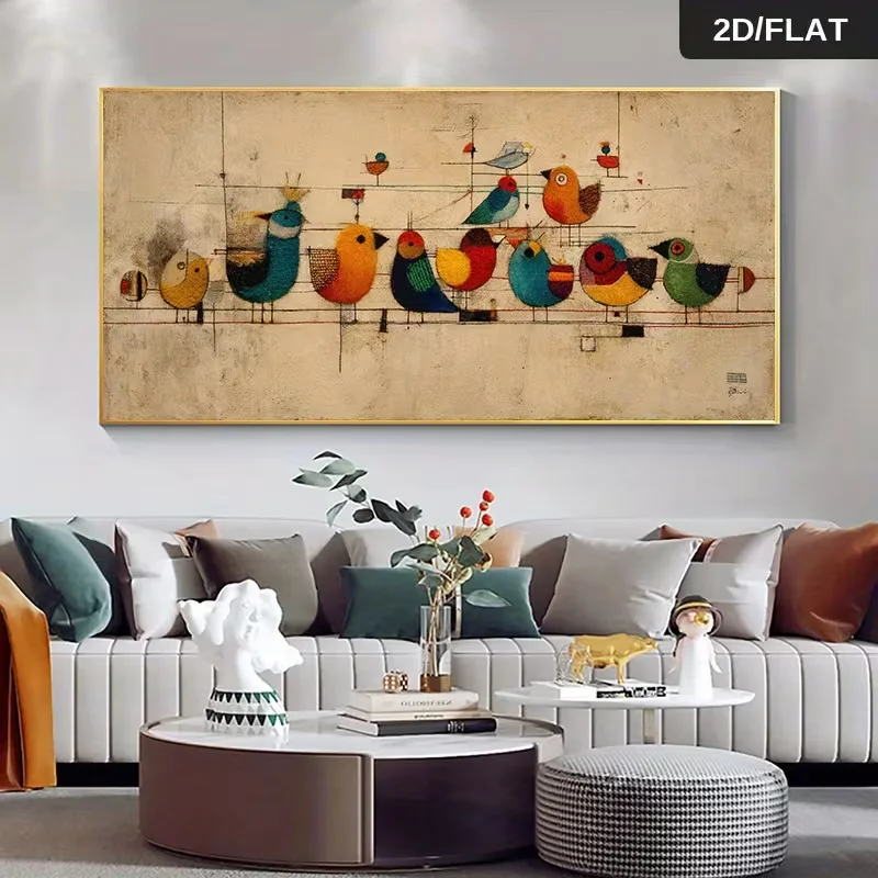 Modern Abstract Canvas Art Featuring Birds on a Wire, Measuring 27.56 by 55.12 Inches (70 by 140 Cm), Designed for Wall Decorati