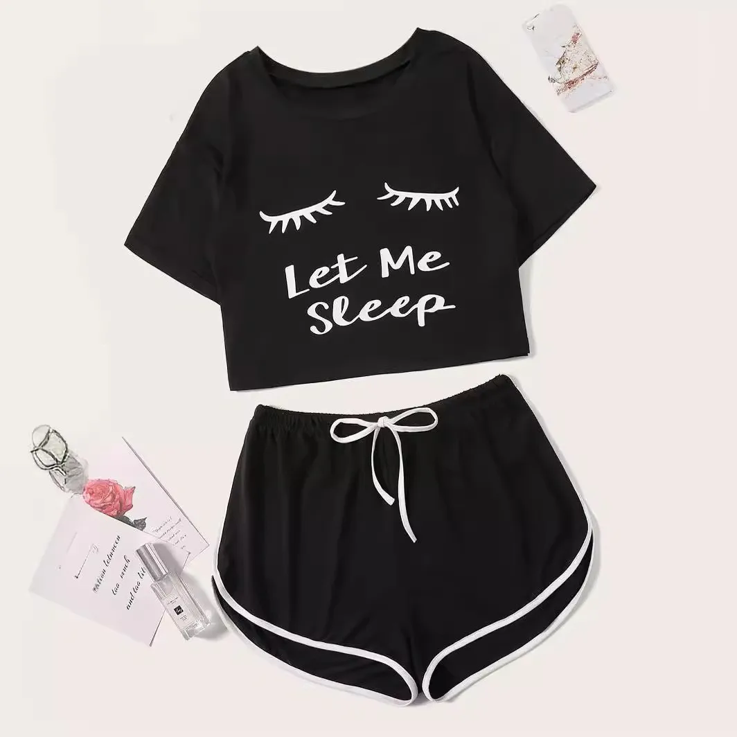 Casual Eyelash & Slogan Print Pajama Set Short Sleeve Crew Neck Top & Elastic Binding Shorts Women\'s Sleepwear & Loungewear