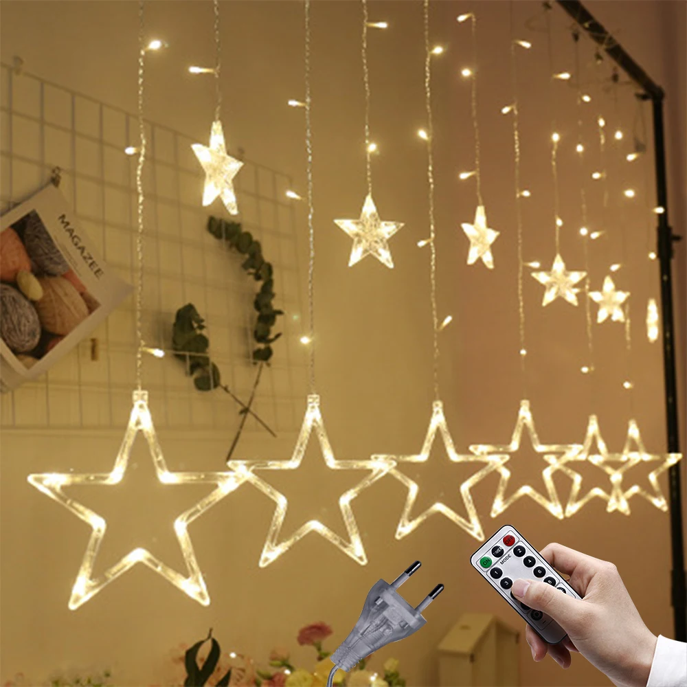 2.5M 3.5M LED Christmas Star Garlands Curtain Light 220V Outdoor String Fairy Lights For Wedding Party Bar New Year Decoration