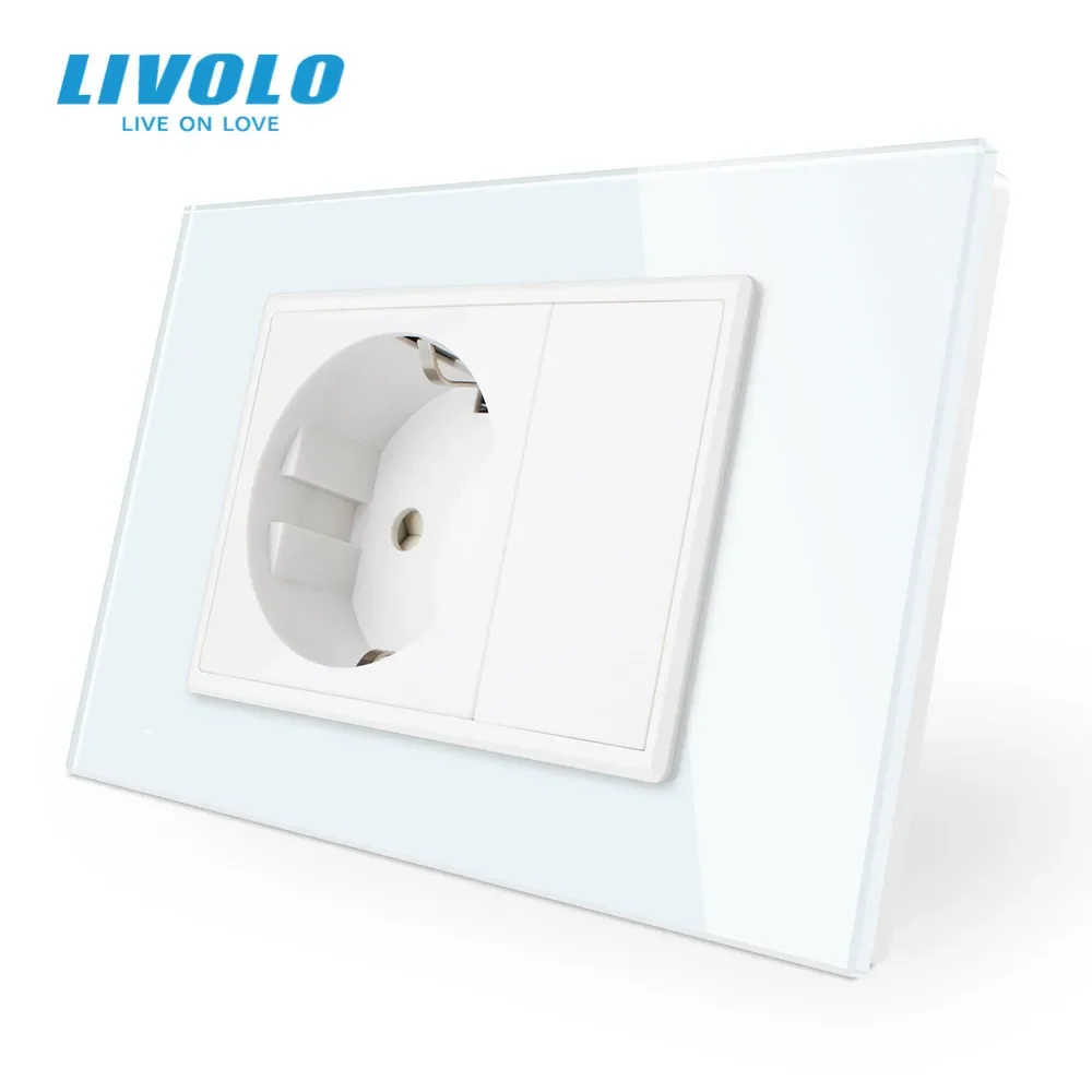 Livolo EU  Power Socket, White/Black Crystal Glass Panel, AC 110~250V 16A Wall Power Socket, VL-C9C1EU-11/12