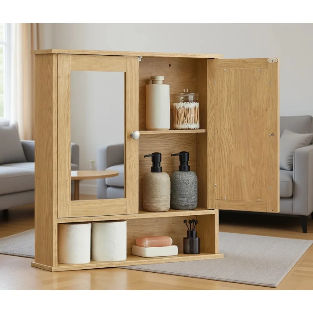 Wall-Mounted Bathroom Cabinet with Mirrored Doors, Adjustable Shelf, Open Compartment, 5.1 x 22.2 x 23 Inches, Natural Oak
