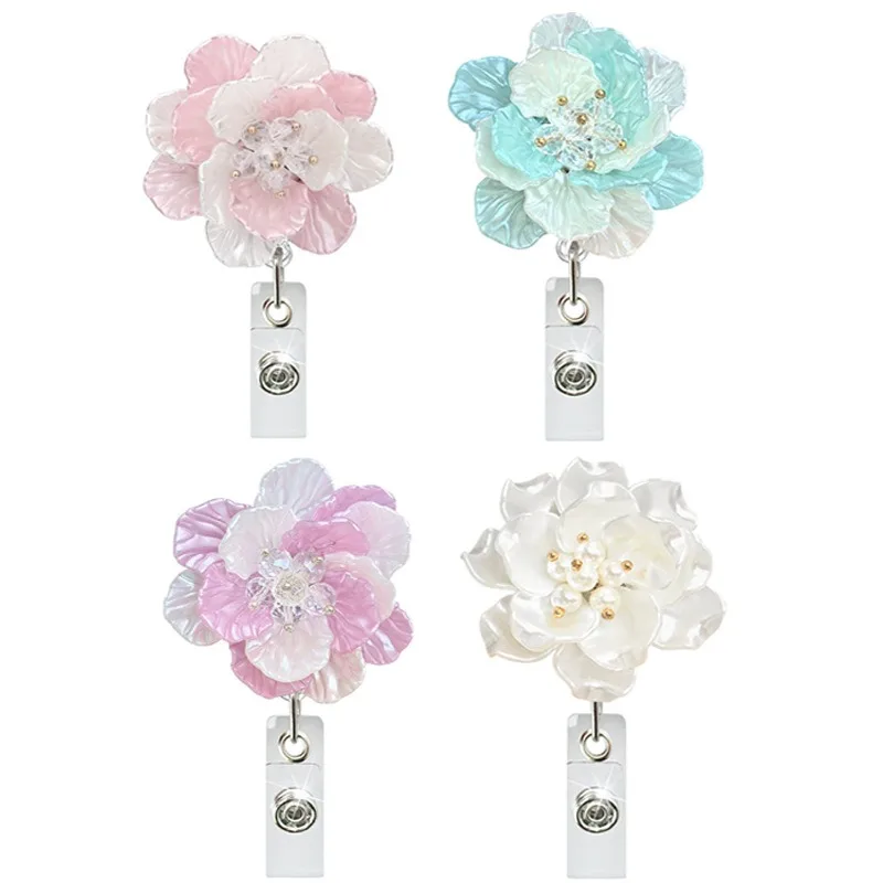Floral Badge Reel Retractable ID Holder Spring Clip for Medical Staff Students Teacher Pull Elastic Keychain with Flower Design