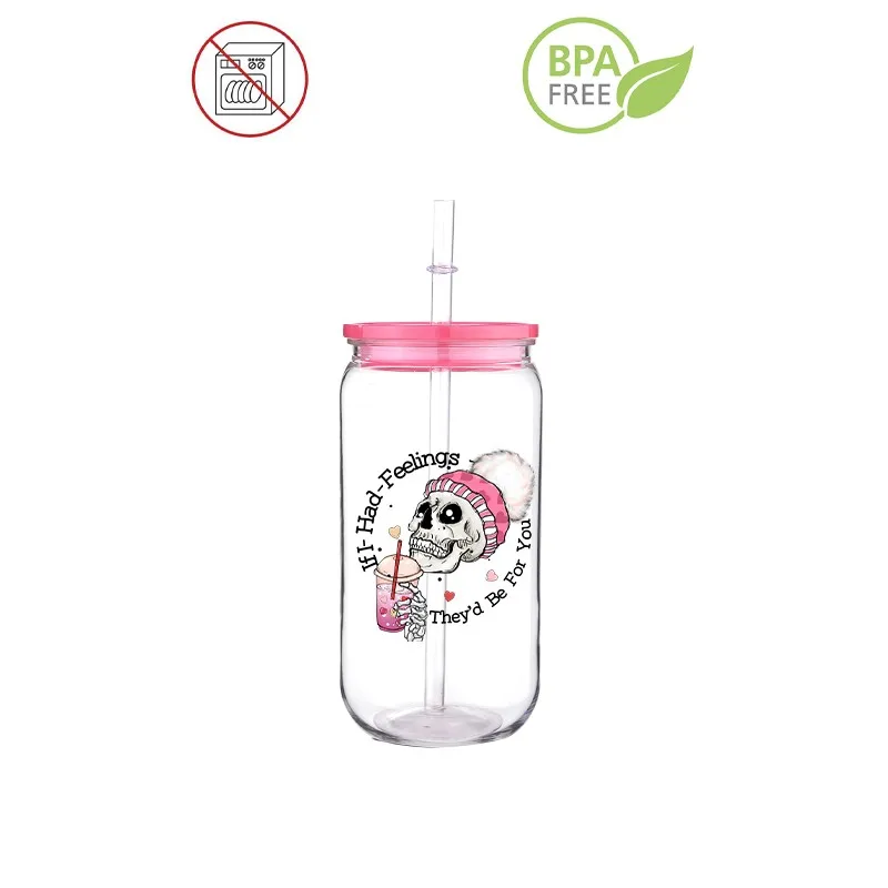 Love Valentine Design Skull Printed Transfer BPA Free Plastic Straw Cup Comes With Sreaw And Cup Lid Can Coffee 16 OZ Drink Coff