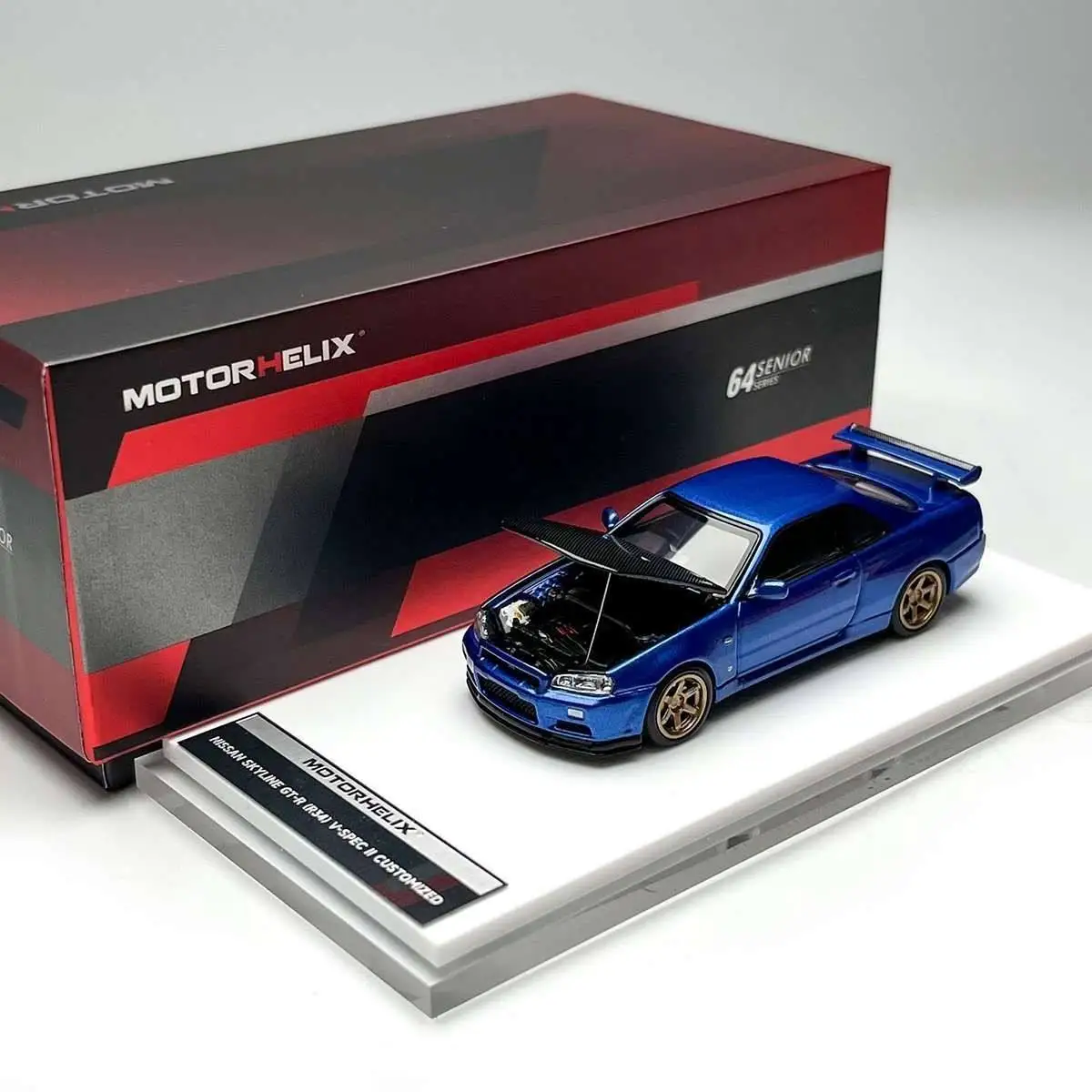 Diecast MH 1:64 Scale GT-R R34 CUSTOMIZED Coastal Blue Carbon Cap Alloy Car Model