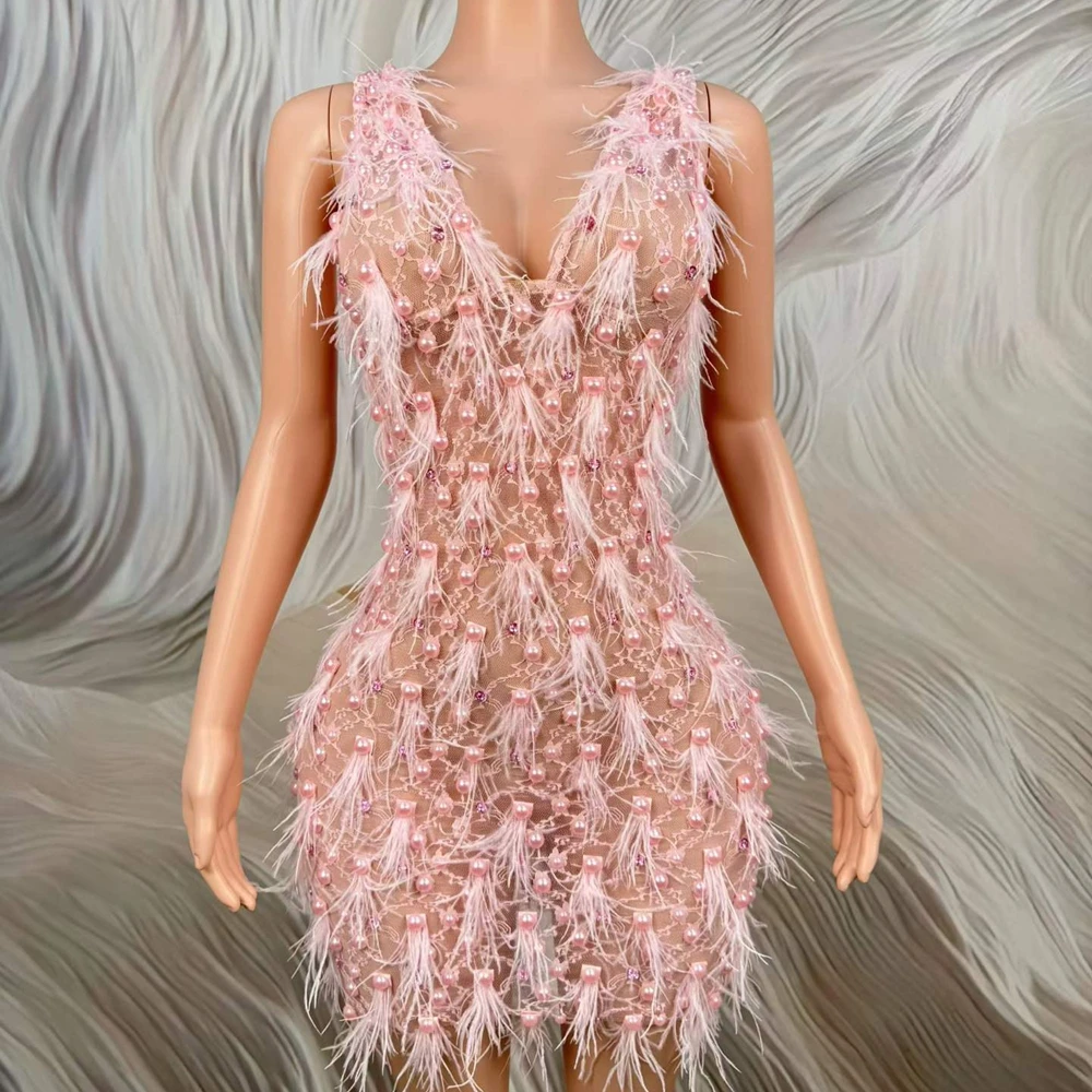 

Elegant Pearls Feathers Short Dress for Women Sexy V Neck Mesh Transparent Celebrate Party Birthday Dress Photo Shoot Wear