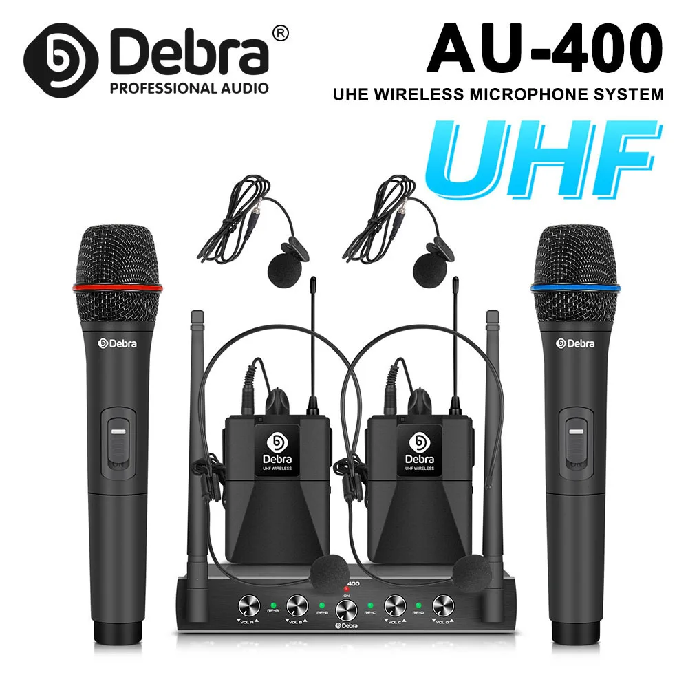 High Performance, AU400 UHF 4-Channel Handheld Wireless Microphone System, Lavalier, Headworn Microphone for Band Performance