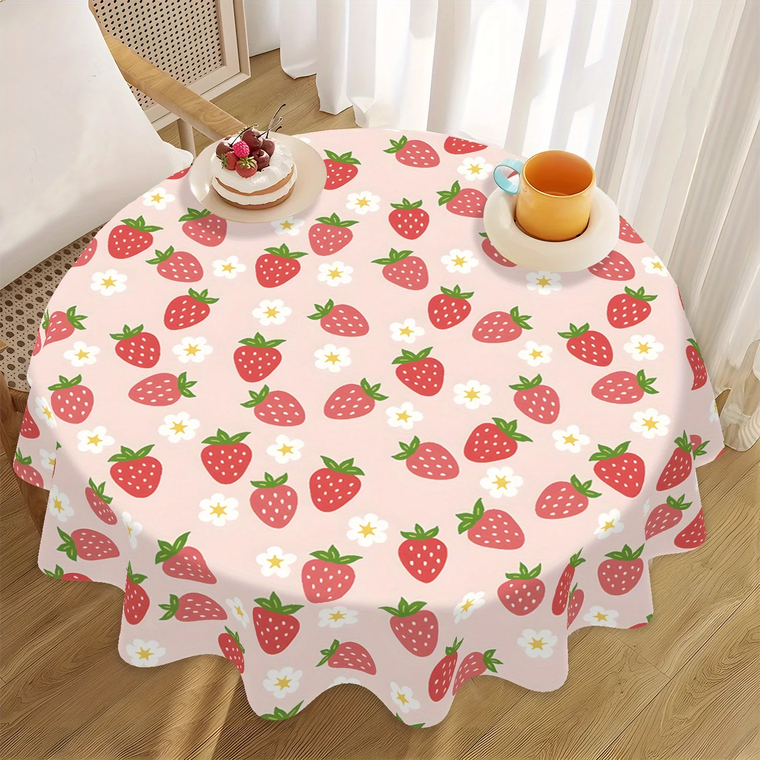 One tablecloth with strawberry and sunflower patterns, 61 inches in size, 100% polyester.
