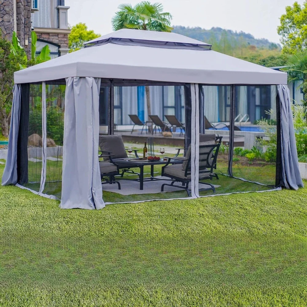 

10x13 Patio Gazebos with Mosquito Netting and Curtains for Deck Backyard Garden Lawns, Outdoor Patio Canopy