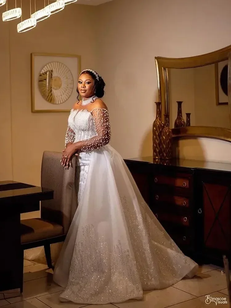 تخصيص أفضل تصميم الرقبة العالية تسلق الخرز الكامل حورية البحر فساتين الزفاف مع تنورة طويلة الأكمام فساتين الزفاف Vestido #3