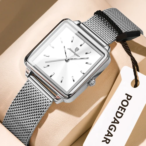 Imagen 2 del producto Reloj POEDAGAR cuadrado a la moda para mujer, Reloj de malla resistente al agua de acero inoxidable para mujer, relojes de cuarzo informales elegantes para mujer, Reloj
