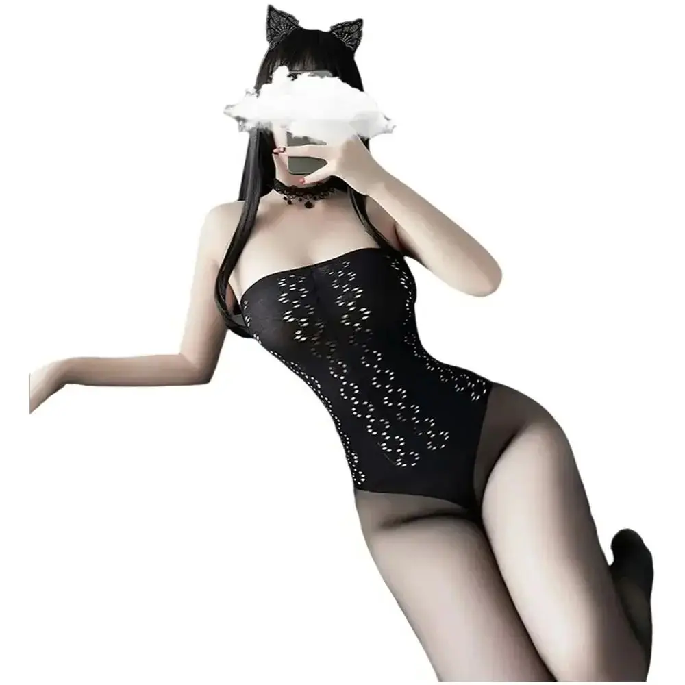 

Black Hollow Out Sexy Tights Collant For Women Strapless Sexy Sangger Flower Open Crotch Nylon Bodystockings Lingerie Stockings