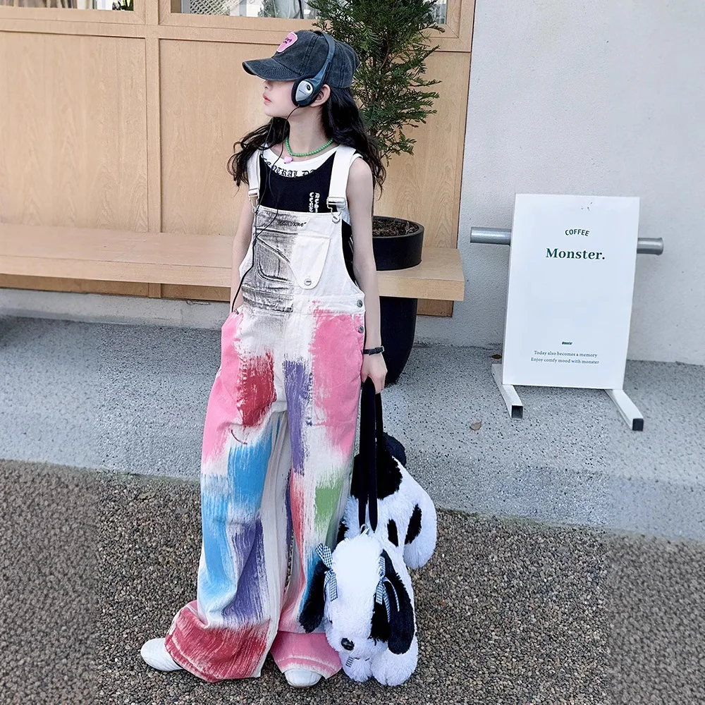 Streetwear Girls' pants Pocket Bib children's overalls Jumpsuit spring summer 2025 Girl' casual Bodysuit graffiti wide-leg pants