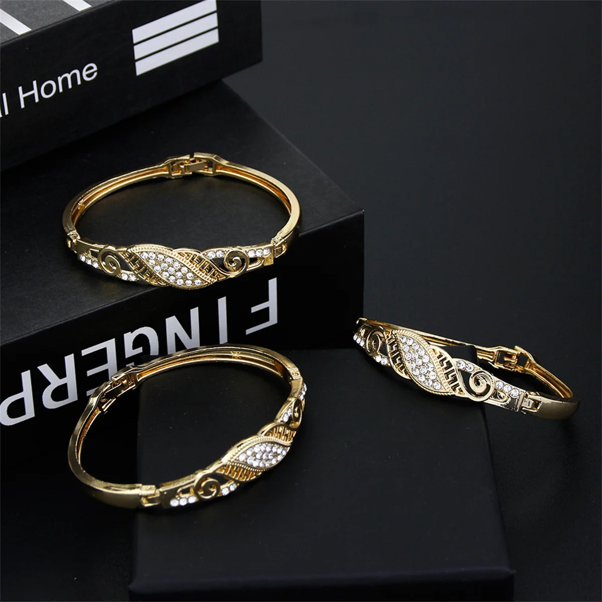 Three-piece Golden Lady Bracelet With Rhinestone-tone Bangle With Zinc Alloy Cuffs