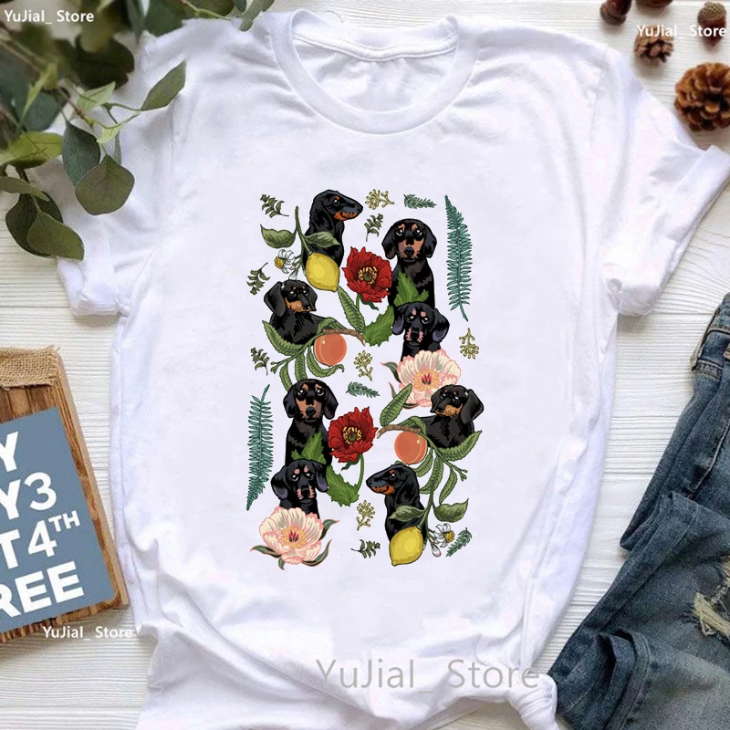 

Dachshund Flowers Print T Shirt Women Clothes 2024 Lovely Dog Lover Tshirt Girls Summer Fashion Tops Tee Shirt Femme Streetwear