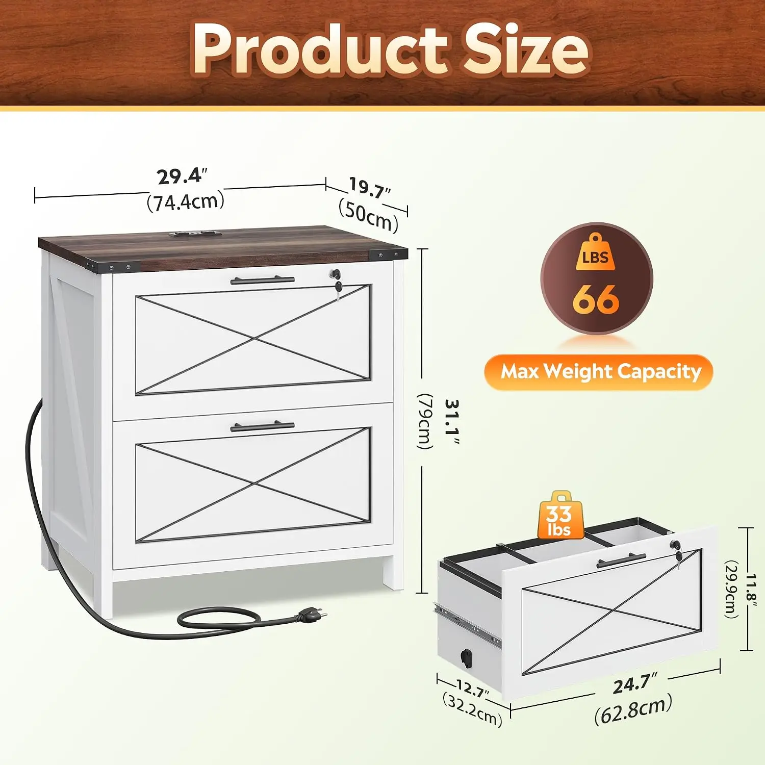 Wood Lateral File Cabinet with Charging Station, 2 Drawer Locking Filing Cabinet with Printer Stand Storage for Home Office