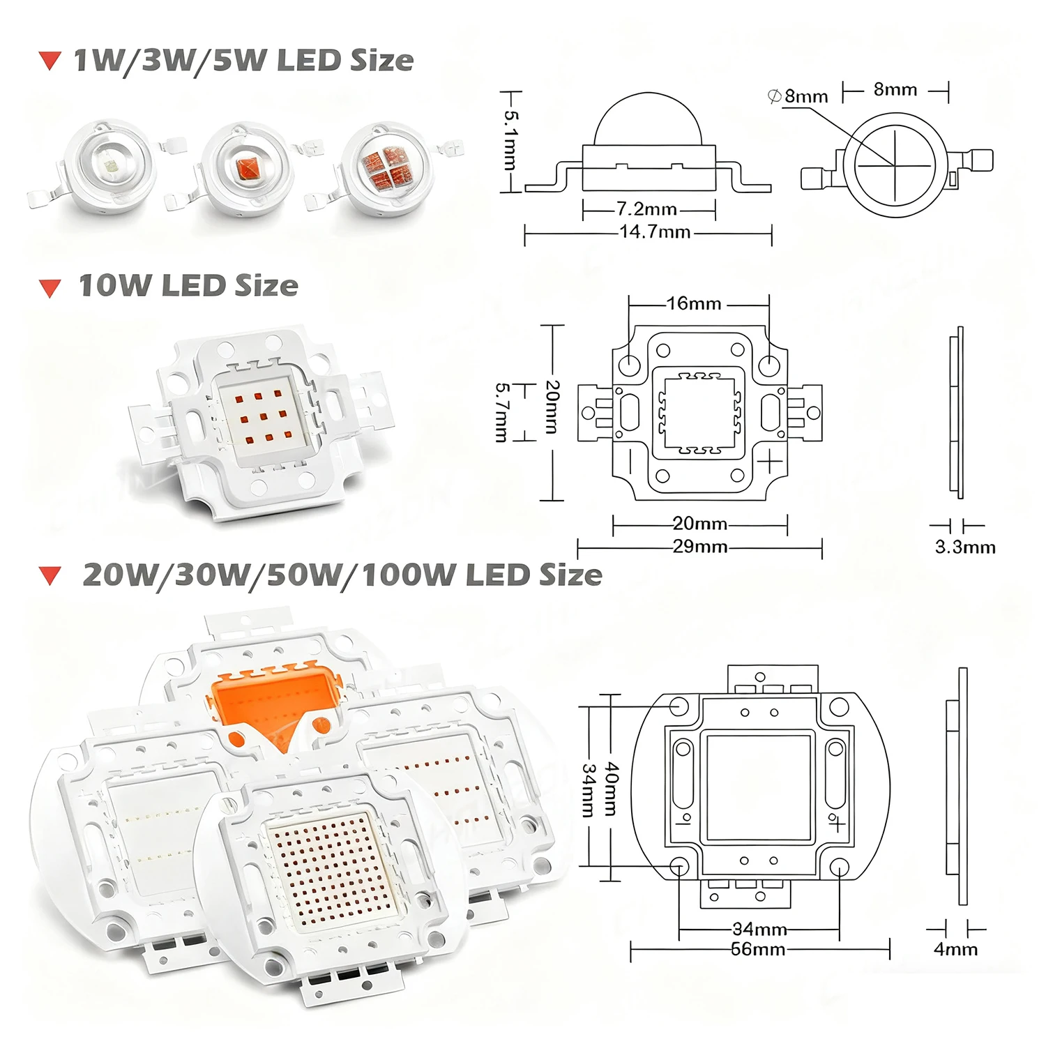 High Power Led Chip Lamp Bulb 440Nm 660Nm Deep Red Royal Blue  Full Spectrum 1W 3W 5W 10W 20W 30W 50W 100W Plant Grow Light Bead