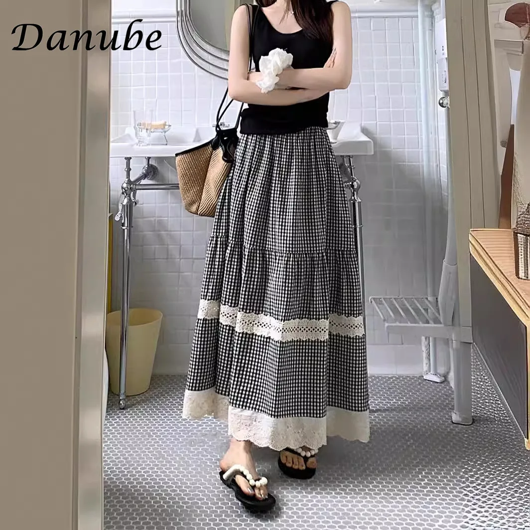 Vintage Plaid Patchwork Cotton Linen Long Skirt Women Japanese High Waist A-line Cake Lolita Skirts Elegant Ruffles Casual Skirt