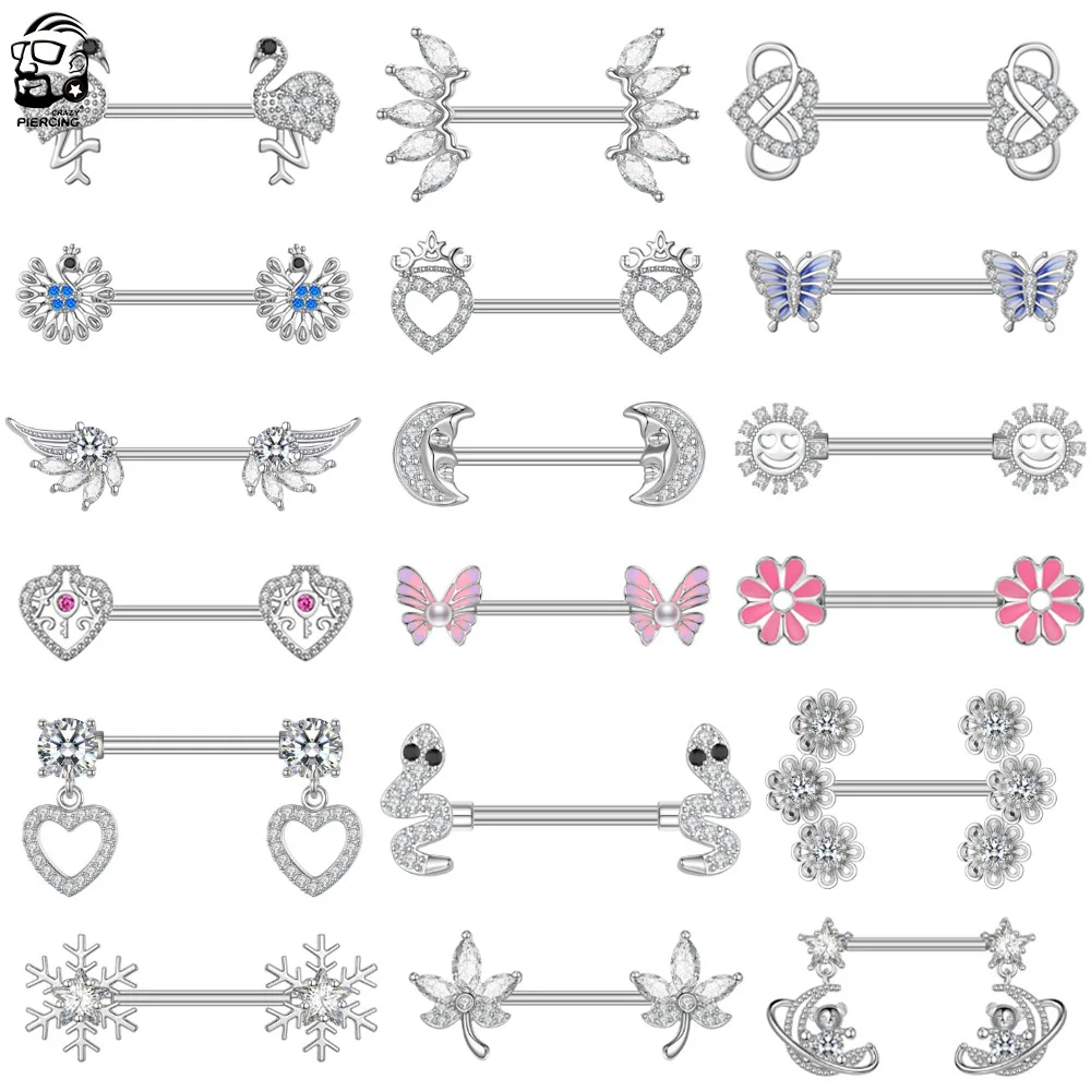 2 Stück Titan-Tier-Serie, Nippelpiercings, Langhantel, modisches Blumen-Herz, baumelter Schild, Bar für Frauen und Mädchen, Nippelring-Piercing