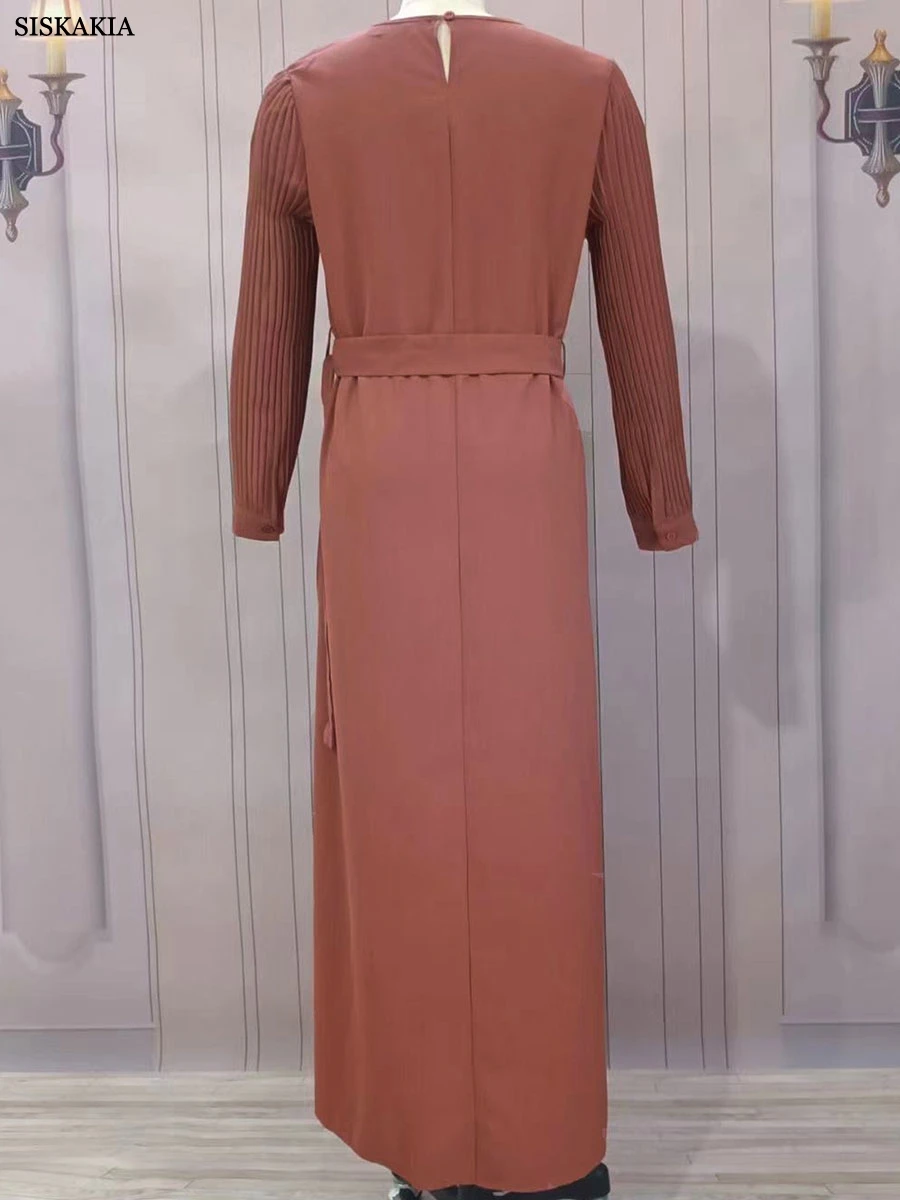 Siskakia Solid Crimping O-Neck Puff Sleeve Long Dress With Belt For Islamic And Muslim Woman Elegant Moroccan Stylish Abaya 2024