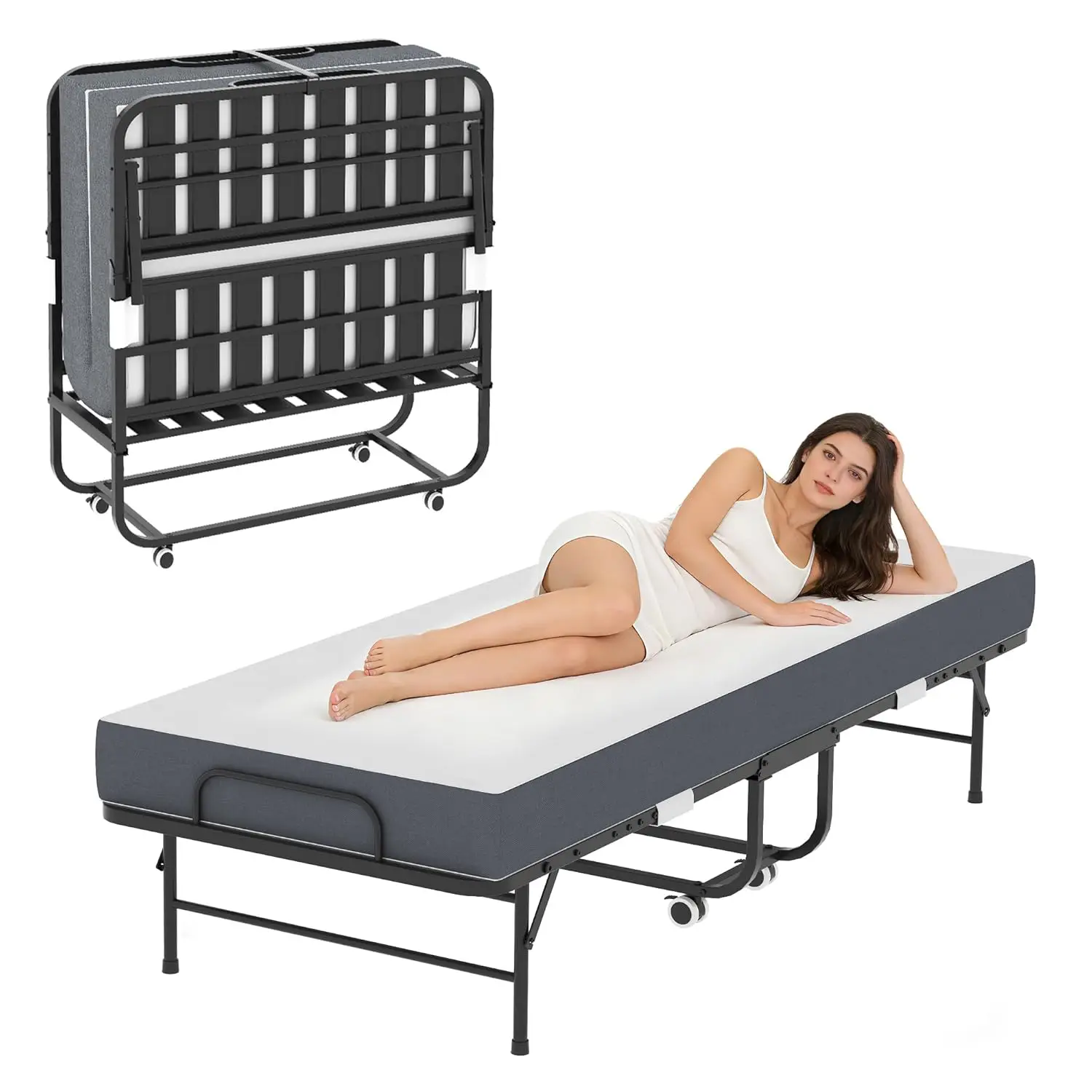 

Foldable Roll Away Bed Memory Foam Mattress 75"x38" Portable Storage Wheels Strong Frame Guest Room, Customized