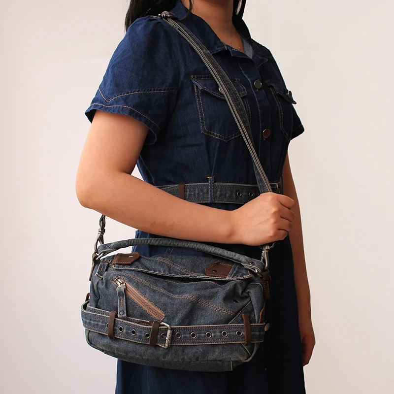 

2025 Retro Motorcycle Style Denim Handbag For Women Horizontal Square Large Capacity Single Shoulder Diagonal Cross Bag Trendy