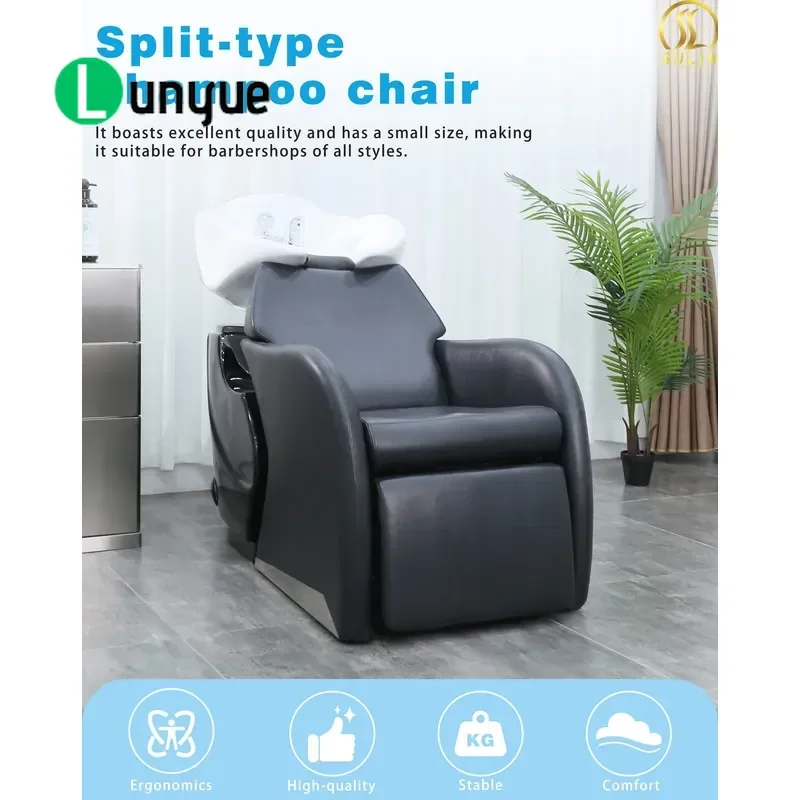 Modern Multifunctional Split Shampoo Chair Black PU Leather Fiberglass Head Basin for Beauty Hair Washing Station