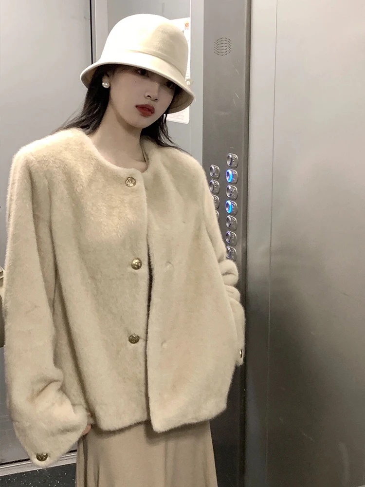 

2025 New Sle Thiened Young Women's ort Coat round Ne Rabbit Fur Jaet Retro Water-repellent Artificial Mink Velvet O...