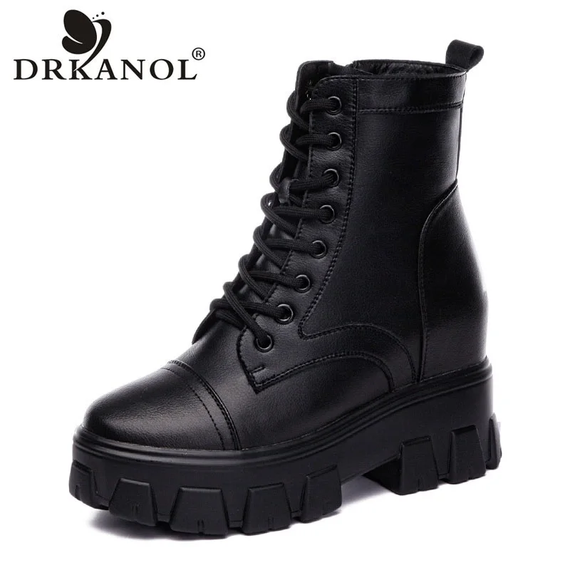 

Женские ботильоны на толстой платформе DRKANOL, модные полусапожки на толстой подошве, увеличивающие рост, теплые короткие сапоги с круглым носком и коротким плюшем