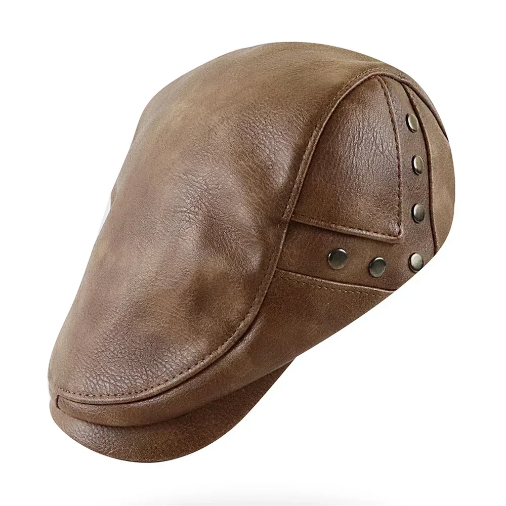 TOHUIYAN Top Level Leather Men Hat Winter Rivets Newsboy Caps Warm Boina Hombre Duckbill Flat Cap Western Unisex Driving Hats