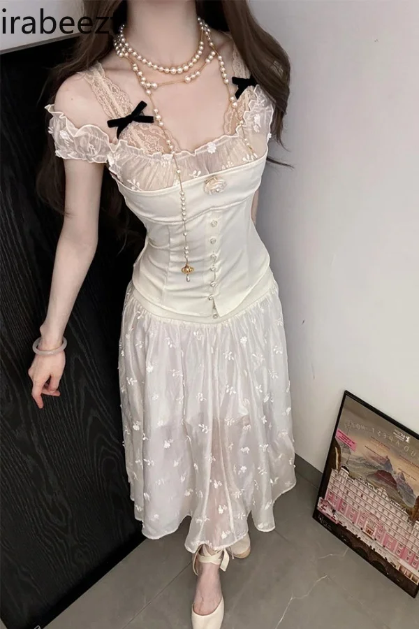 

New Arrival White Off-Shoulder Elegant French Princess Party Clothing with Lace Bowknot Perfect for Birthday Fairy Tale Outfit