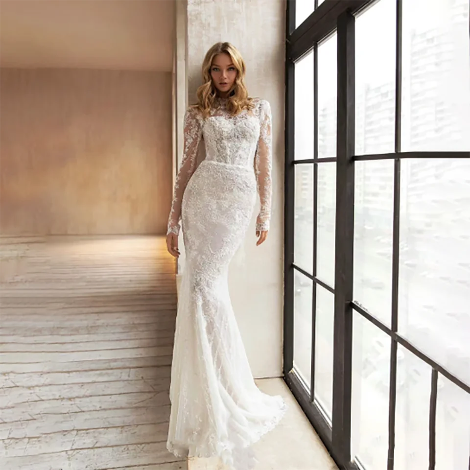 Customized Charming Lace Appliques Chiffon Mermaid Wedding Dresses 2025 Backless Floor Length With Sweep Train Tulle Bridal Gown
