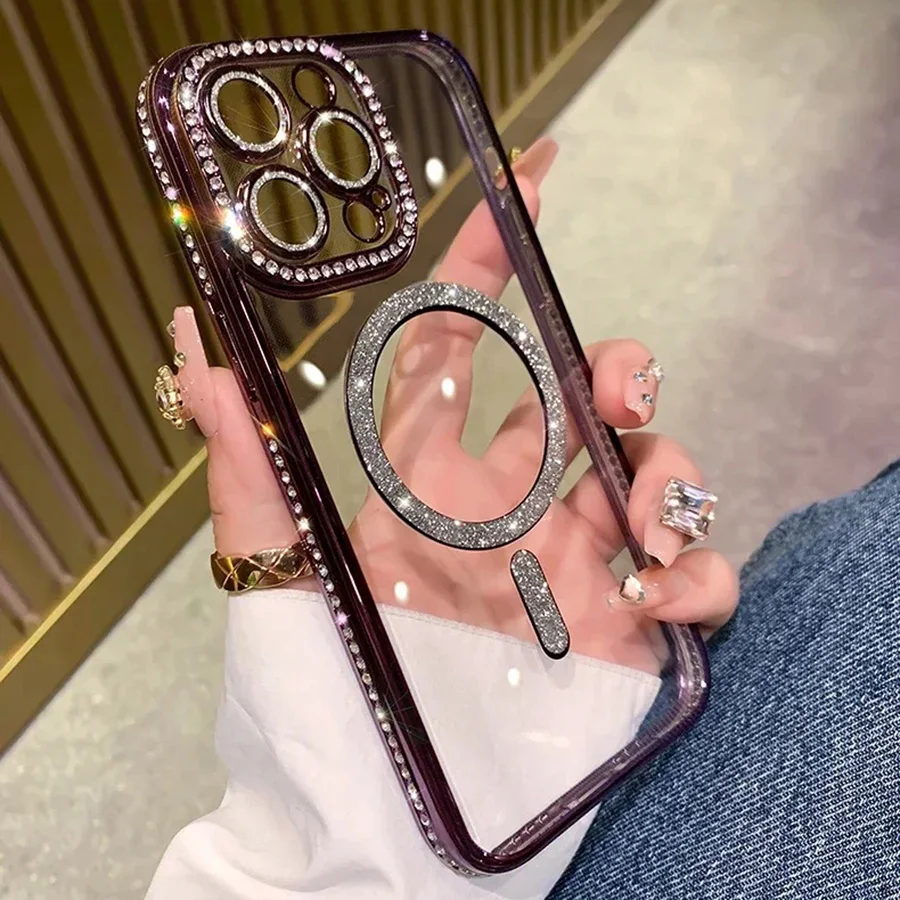 Nueva funda transparente con brillantina y diamantes para iPhone 17 16 15 14 13 11 12 Pro Max con carga inalámbrica magnética 4