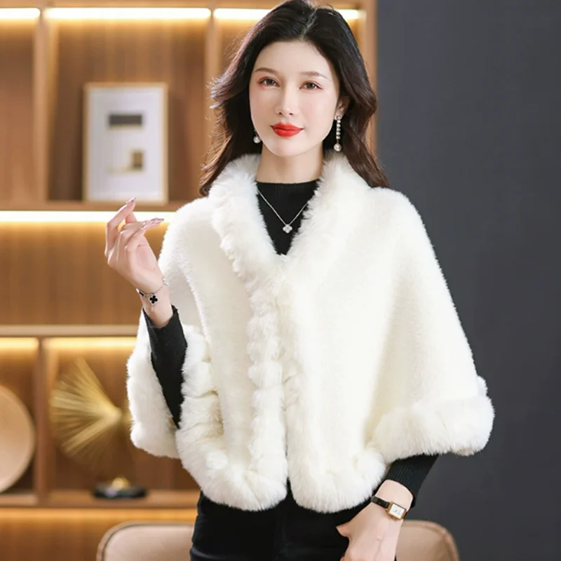 Luxury white Faux Fur Trims Mink Cashmere Fleece Cape Women Cheongsam Wedding Dress Shawl Cloak Short Coat Winter Autumn