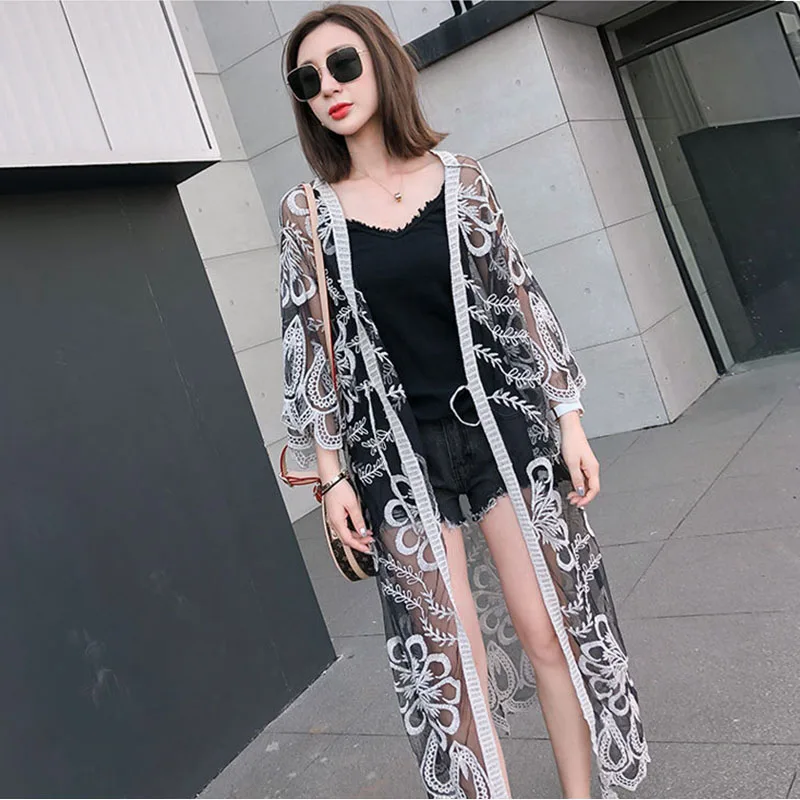 Mùa hè Phơi Ngoài Nắng Không Phai Cardigan Kimono Thời Trang Phụ Nữ Ren Bikini Bìa Up Phụ Nữ Blouse Áo Dài Lưới Khăn Choàng Outwear Blusas feminina